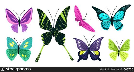 Set of seven tropical butterflies, hand drawn vector illustrations