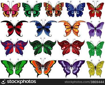 Set of seventeen colorful ornamental butterflies isolated on a white background, hand drawing vector illustration