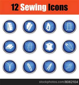 Set of sewing icons. Glossy button design. Vector illustration.