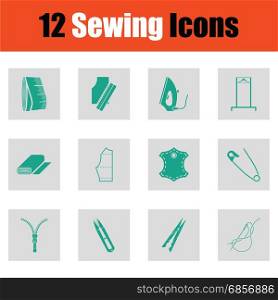 Set of sewing icons. Set of sewing icons. Green on gray design. Vector illustration.