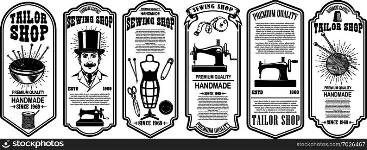 Set of sewing shop label templates. Design element for logo, label, sign, poster. Vector illustration