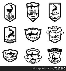 Set of shark fishing emblems. Design element for logo, label, sign, poster, t shirt. Vector illustration
