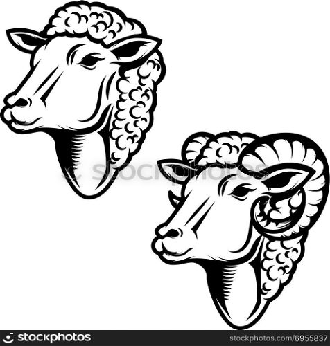 Set of sheep head illustration. Ram head. Design element for logo ,label, emblem, sign. Vector illustration