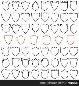 Set of shields silhouettes in thin line style. Isolated on white background. Vector illustration