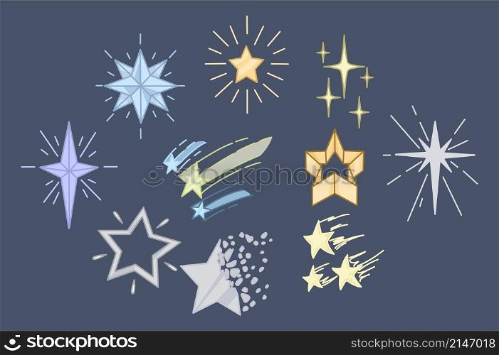 Set of shiny bright stars and bursts. Collection of sparkle symbols or decoration twinkle. Astronomy and astrology. Celebration sign. Starry night and falling star. Flat vector illustration. . Set of diverse bright stars or twinkles
