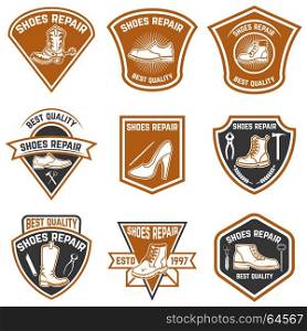 Set of shoe repair emblems. Shoe repair tools. Design elements for logo, label, emblem, sign. Vector illustration