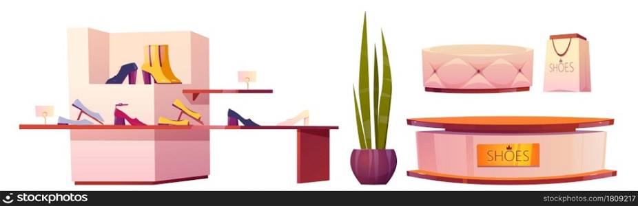 Set of shoes store production, shop furniture, footgear and items. Women fashionable footwear on shelves, podium desk for presentation, fitting couch, paper shopping bag, Cartoon vector illustration. Set of shoes store production, shop furniture