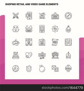 Set of Shoping Retail And Video Game Elements Line Icon set 25 Icons. Vector Minimalism Style Design Black Icons Set. Linear pictogram pack.