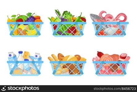 Set of shopping baskets full of products as fruit, vegetables, seafood, diary and bakery products, meat. Containers from supermarket for organic and healthy meal, retail store isolated vector. Set of shopping baskets full of products as fruit, vegetables, seafood, diary and bakery products, meat