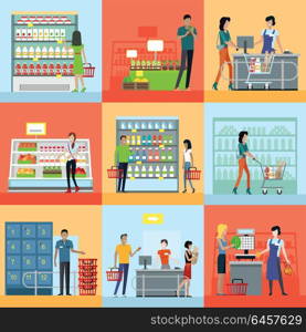 Set of shopping concepts vectors in flat design. Customers service and working process in supermarket. Consumer choice and merchandising strategy. Store assortment. Cashier, seller, guard at work. . Set of Shopping in Supermarket Concepts Vector.