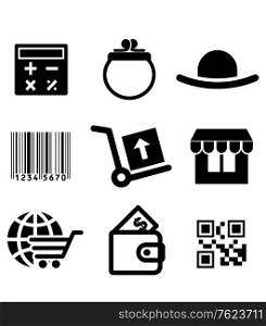 Set of shopping icons including a purse, wallet, calculator, bar code, trolleys, store, globe and digital code, isolated on white