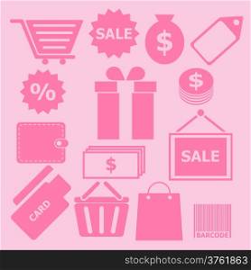 Set of shopping icons on pink background, stock vector