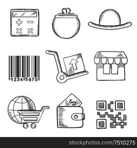Set of shopping icons with a purse, wallet, calculator, bar code, trolleys, store, globe and digital code, isolated on white. Sketch style icons. Set of retail and shopping sketch icons