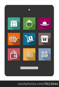 Set of shopping or e-commerce flat icons on colorful buttons showing a calculator, purse, global e-commerce, delivery trolley, store front, wallet, bar code and e-code on a tablet. Set of shopping or e-commerce web icons