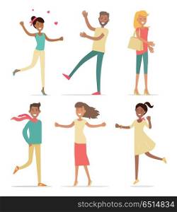 Set of Shopping People Vector Concept. Flat Design. Set of shopping people vector concepts. Flat design. Collection of smiling woman and man characters expressing emotions of joy. Pleasure of purchase. Illustration for sales and discounts.
