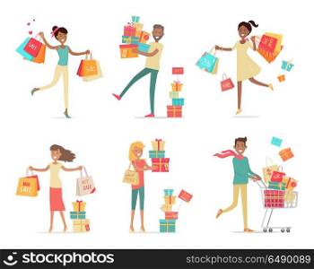 Set of shopping people vector concepts. Flat design. Collection of smiling women and man characters with gift boxes, paper bags and trolley with goods. Pleasure of purchase. For sales and discounts. Set of Shopping People Concepts in Flat Design. Set of Shopping People Concepts in Flat Design