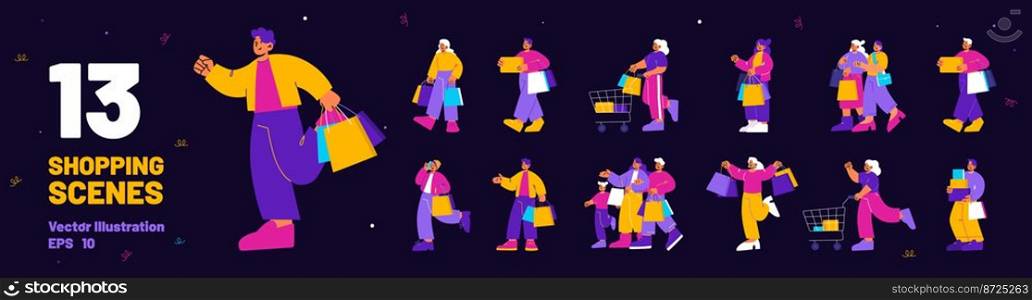 Set of shopping scenes with people with bags, carts and boxes in store or mall. Happy customers, buyers walking from shop with purchases isolated on black background, vector flat illustration. Set of shopping scenes with people with bags