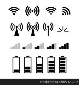 Set of signal vector icons isolated. Vector level of battery or charging isolated signs. Vector wifi signs. EPS 10. Set of signal vector icons isolated. Vector level of battery or charging isolated signs. Vector wifi signs.