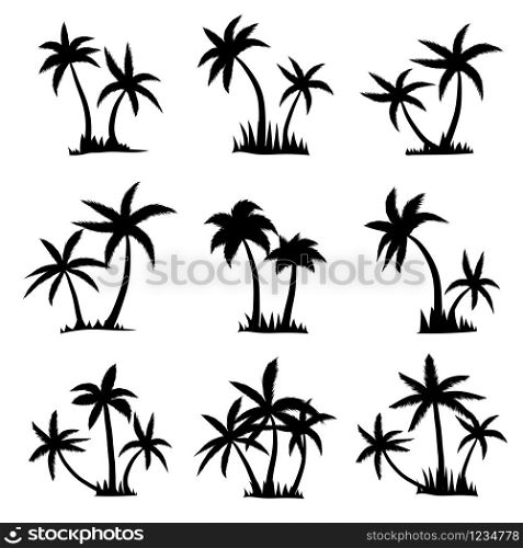 Set of silhouette coconut palm tree isolated on white background. Vector illustration.