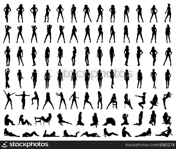 Set of silhouette of fashion girls on a white background