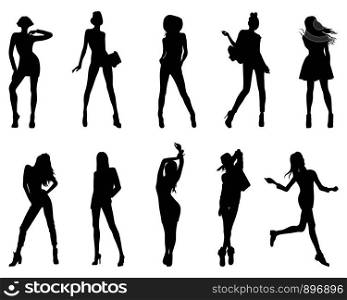 Set of silhouette of fashion girls on a white background