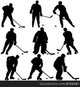 Set of silhouettes hockey player. Isolated on white.. Set of silhouettes hockey player. Isolated on white. Vector illustrations.