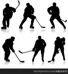 Set of silhouettes hockey player. Isolated on white. Vector illustrations. Set of silhouettes hockey player. Isolated on white. Vector illustrations.
