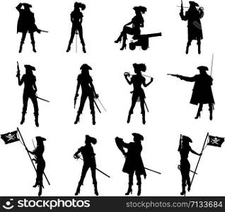 Set of silhouettes of a sexy slim pirate girl with different weapons in different poses and clothes
