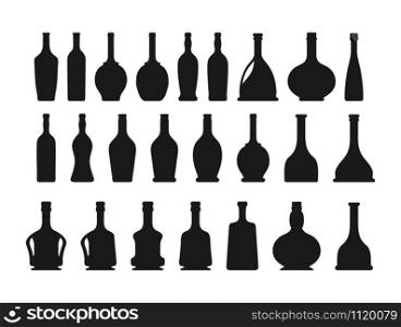 Set of silhouettes of bottles for alcoholic beverages. Isolated on white background in flat design style.