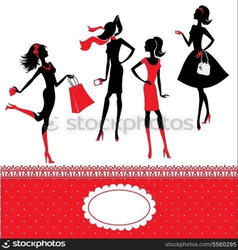Set of silhouettes of fashionable girls on a white background