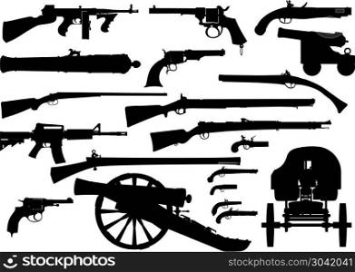 set of silhouettes of firearms from different time periods and countries. firearm weapon set. firearm weapon set