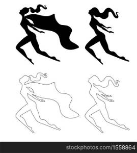 Set of silhouettes of flying super women. Black and contour figures of girls with capes. Outlines of people isolated on a white background. Feminism and girl power. Vector element for icons, logos.. Set of silhouettes of flying super women. Black and contour figures of girls with capes. Outlines of people