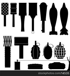 Set of silhouettes of grenades and mines