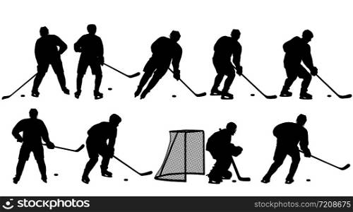 Set of silhouettes of hockey player Isolated on white.. Set of silhouettes of hockey player Isolated on white