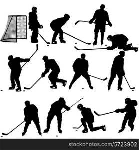 Set of silhouettes of hockey player. Isolated on white. illustrations.