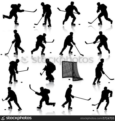 Set of silhouettes of hockey player. Isolated on white. illustrations.