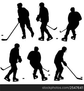 Set of silhouettes of hockey player. Isolated on white. Vector illustrations.