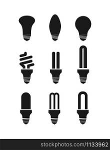 set of silhouettes of lighting lamps. Incandescent lamp, led lamp and gas lamp. Flat style isolated on white background for icons and emblems.