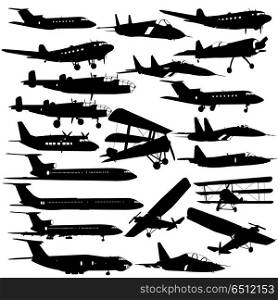 Set of silhouettes of planes from different eras on a white background. Set of silhouettes of planes from different eras on a white background.