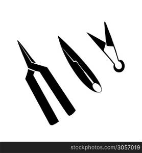 Set of silhouettes of scissors, pruners and shears. Black outline separate from the background. Equipment for sewing and gardening. Vector object for logos, icons, infographics and your design.. Set of silhouettes of scissors, pruners and shears. Black outline separate from the background. Equipment for sewing and gardening. Vector object