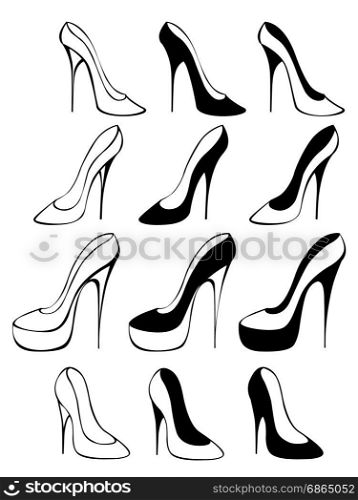 Set of silhouettes of shoes on a white background