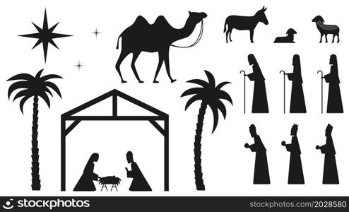 Set of silhouettes of the den. Baby Jesus in a manger, Mary, Joseph, shepherds, wise men, etc. The birth of Jesus Christ. Feast of Christmas. Holy night. Vector. Set of silhouettes of the den. Baby Jesus in a manger, Mary, Joseph, shepherds, wise men, etc. The birth of Jesus Christ. Feast of Christmas. Holy night. Christmas vector illustration.