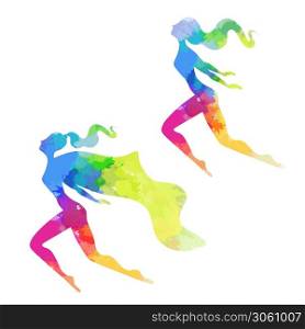 Set of silhouettes of women superheroes with rainbow watercolor stains. The rights of women and lesbians. Female power and independence. Vector object for cards, banners and your design.. Set of silhouettes of women superheroes with rainbow watercolor stains. The rights of women and lesbians. Female power and independence. Vector object