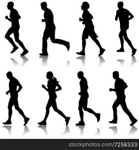 Set of silhouettes. Runners on sprint, man and woman.. Set of silhouettes. Runners on sprint, man and woman