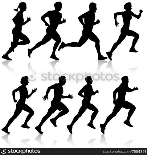 Set of silhouettes. Runners on sprint men and women on white background.. Set of silhouettes. Runners on sprint men and women on white background