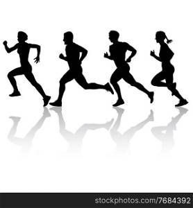 Set of silhouettes. Runners on sprint men and women on white background.. Set of silhouettes. Runners on sprint men and women on white background