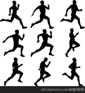 Set of silhouettes. Runners on sprint, men. Set of silhouettes. Runners on sprint men.
