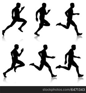 Set of silhouettes. Runners on sprint, men. Set of silhouettes. Runners on sprint men.