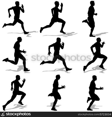 Set of silhouettes. Runners on sprint, men. vector illustration.