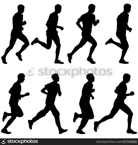 Set of silhouettes. Runners on sprint, men. vector illustration.